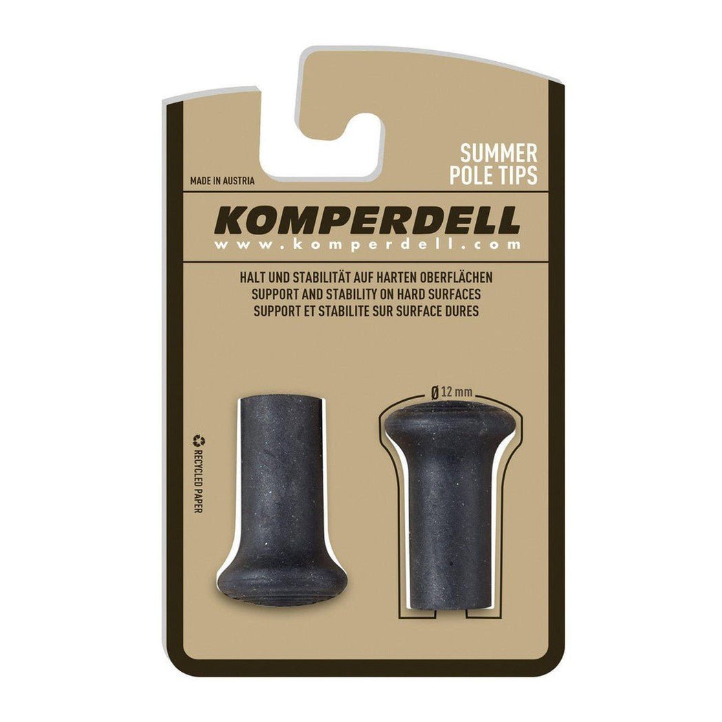 Komperdell Summer Pole Tips package showing two black 12mm tips against a brown background.