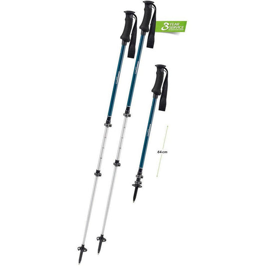 Two Komperdell Trekmaster Powerlock trekking poles with black handles and blue shafts are shown against a white background, one with a 64 cm measurement visible.