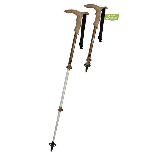 Two Komperdell Walker Powerlock Compact trekking poles with brown handles and silver shafts are shown against a white background.