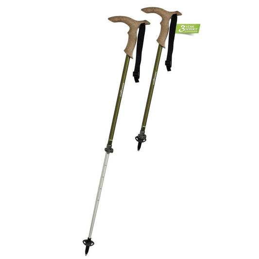Two Komperdell Walker Powerlock trekking poles with tan grips and olive shafts are shown against a white background.