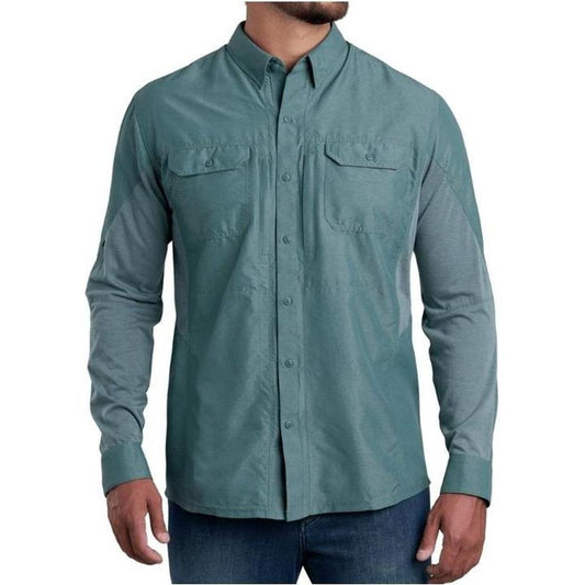 A front view of the Kuhl Men's Airspeed Long Sleeve in Deep Waters showing chest pockets and a white background.