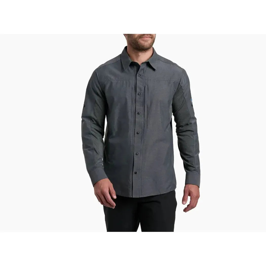 A front view of the Kuhl Men's Airspeed shirt in Carbon color on a model against a plain white background.