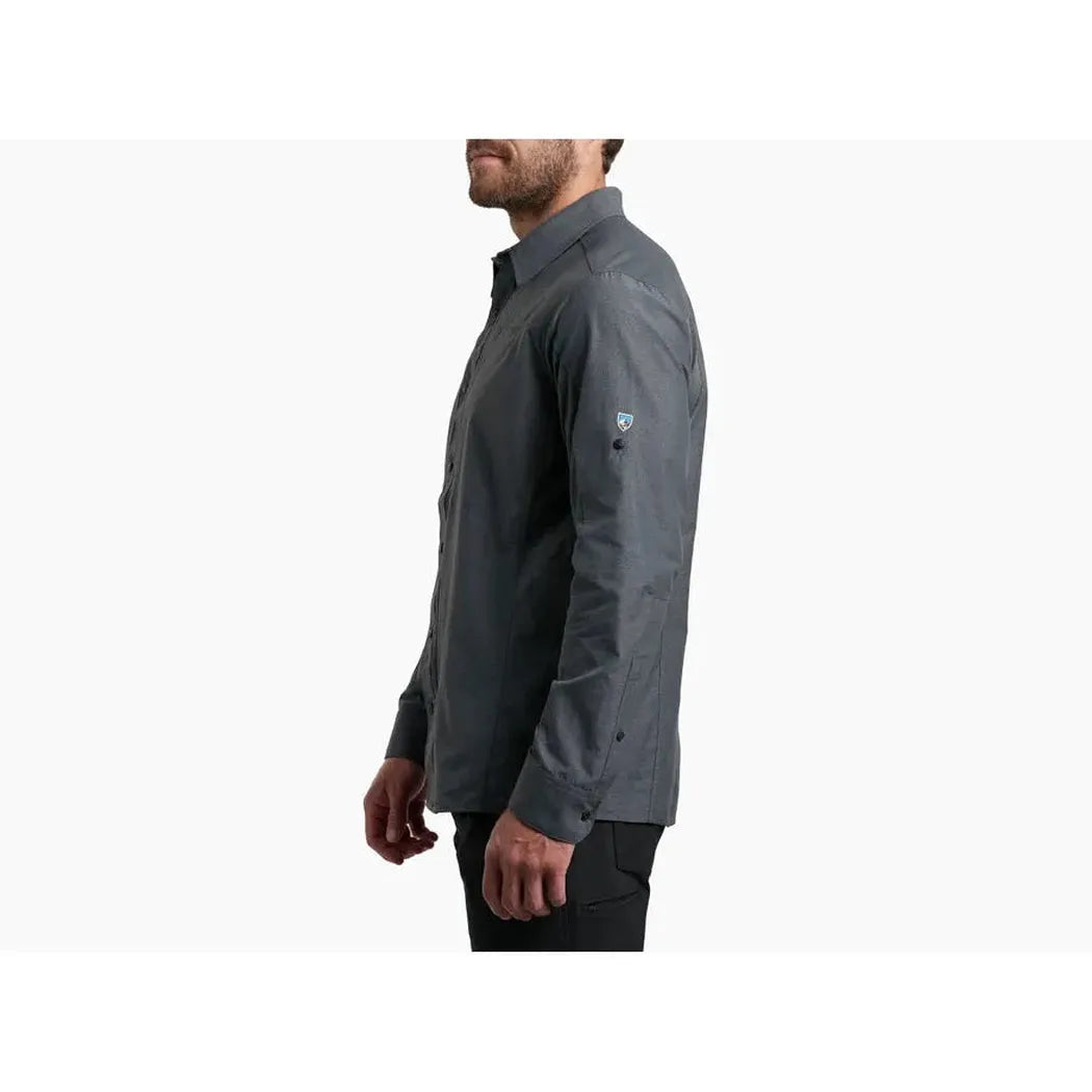 Side view of the Kuhl Men's Airspeed in Carbon showing the small logo on the sleeve against a plain white background.