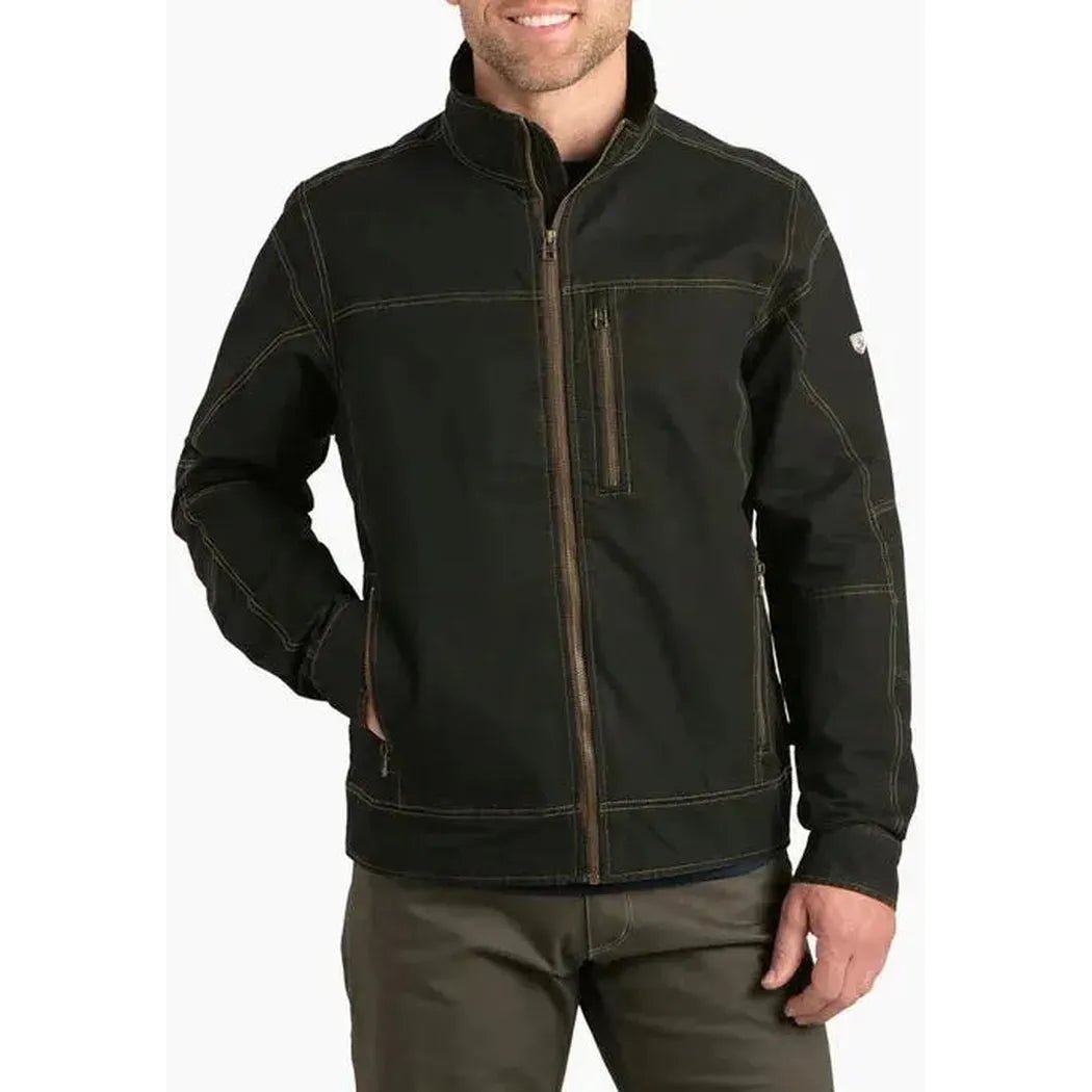 A front view of the Kuhl Men's Burr Jacket in Espresso on a model against a white background.