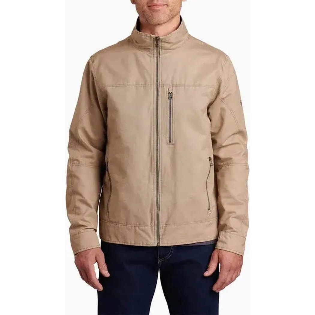 A front view of the Kuhl Men's Burr Jacket in Espresso showing the zippered chest pocket and full zip closure against a plain white background.
