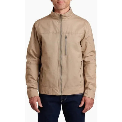 A front view of the Kuhl Men's Burr Jacket in Espresso showing the zippered chest pocket and full zip closure against a plain white background.