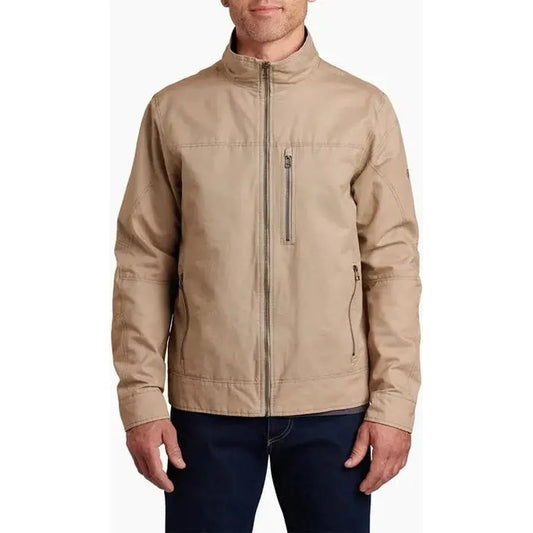 A front view of the Kuhl Men's Burr Jacket in Espresso showing the zippered chest pocket and full zip closure against a plain white background.