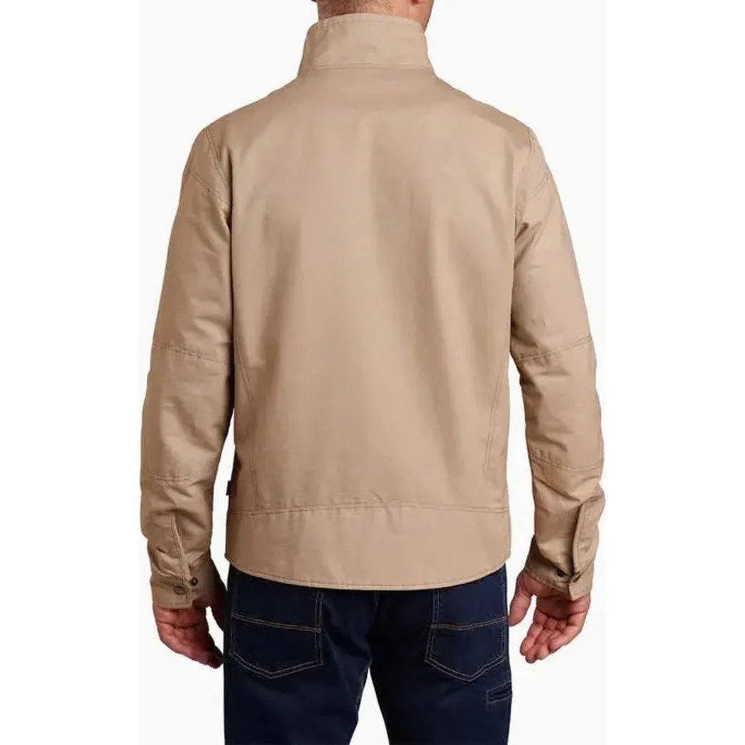 Back view of the Kuhl Men's Burr Jacket in Espresso on a model wearing dark jeans against a white background.