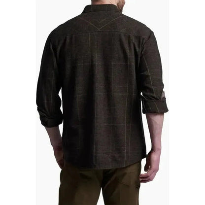 Back view of the Kuhl Men's Deviatr Shirt-Jac in Dark Roast showing rolled sleeves and a plain white background.