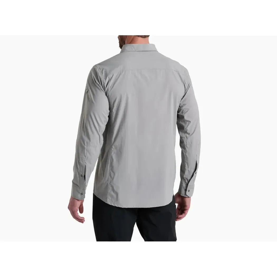 Back view of the Kuhl Men's Driftr Long Sleeve in Concrete Grey on a model against a white background.