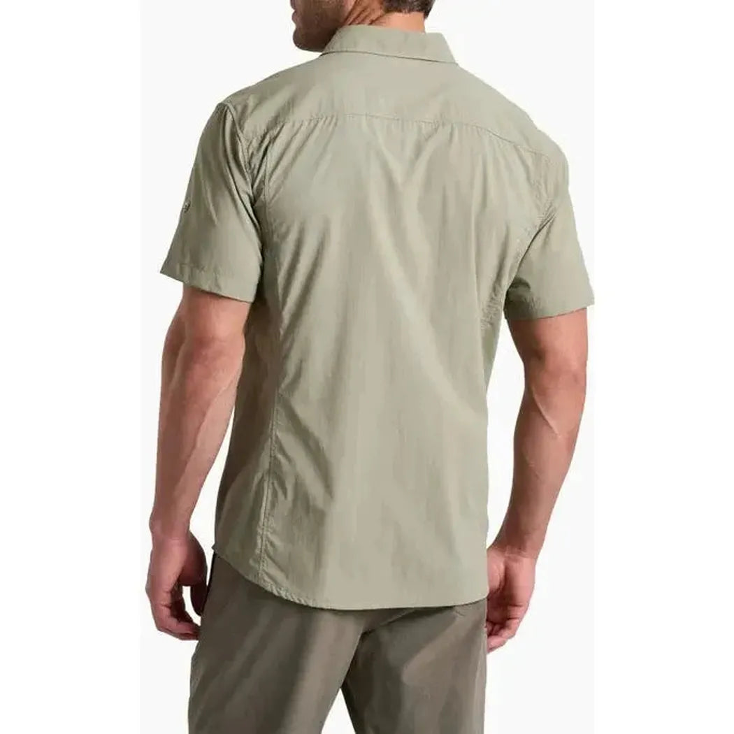 Back view of the Kuhl Men's Driftr Short Sleeve in Spanish Moss on a model against a white background.