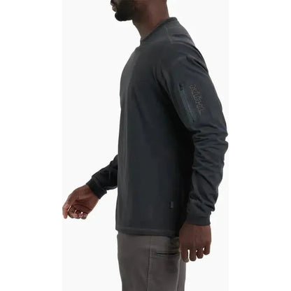 Side view of the Kuhl Men's Konnando Crew in Onyx showing the zippered sleeve pocket against a white background.