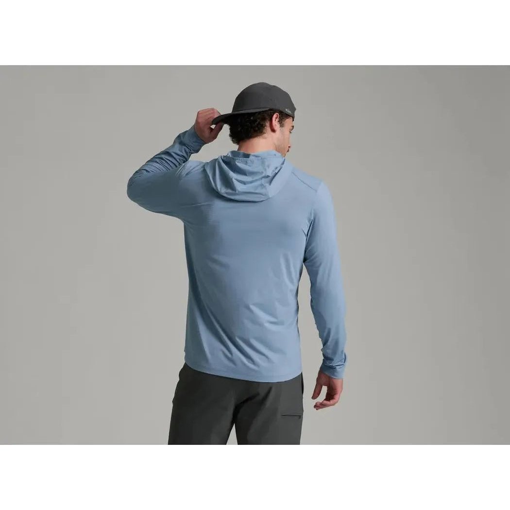 Back view of the Kuhl Men's Kovert Hoody in Mineral Blue on a model against a gray background.