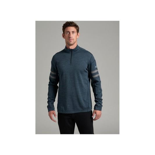 A front view of the Kuhl Men's Kuhl Team Merino 1/4 Zip in Lakewood showing the quarter zip and striped sleeves against a gray background.