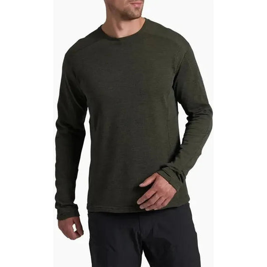 A front view of the Kuhl Men's Reactiv Lite Grid Crew in Onyx showing the crew neck and long sleeves on a model against a white background.