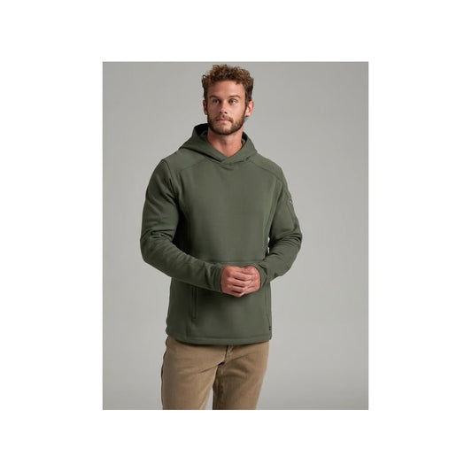 A front view of the Kuhl Men's Spekter Pull Over Hoody in Forest Green on a model against a gray background.