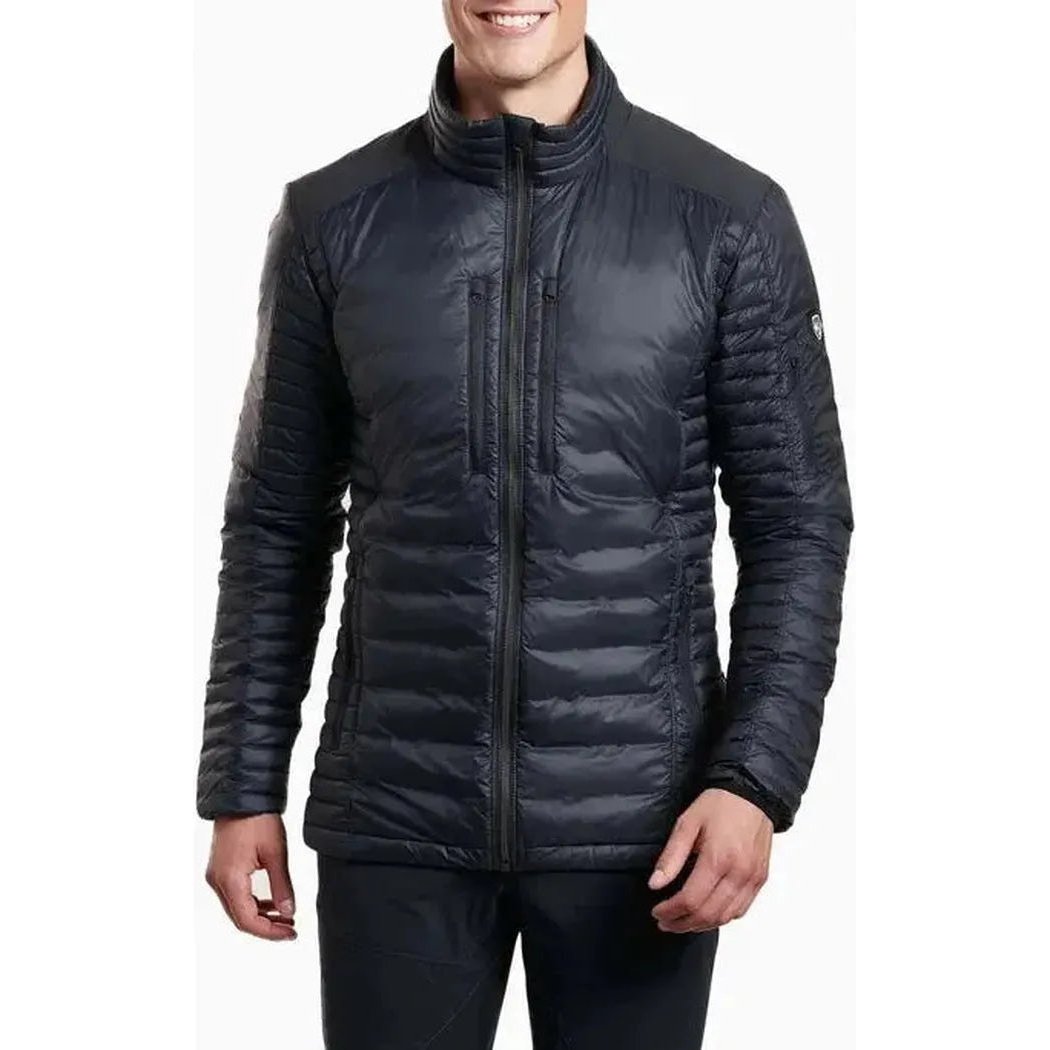 A front view of the Kuhl Men's Spyfire Jacket in Blackout on a model against a white background.