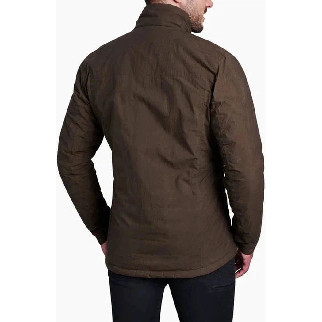 Back view of the Kuhl Men's Wyldefire Jacket in Turkish Coffee showing the stand collar and model wearing it against a white background.