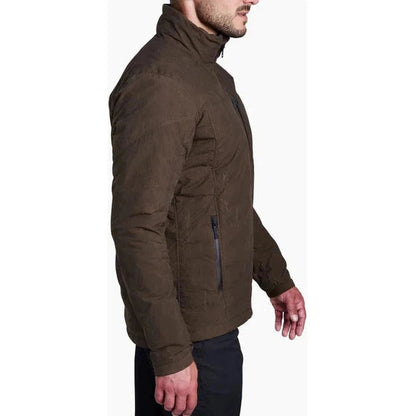 Side view of the Kuhl Men's Wyldefire Jacket in Turkish Coffee showing the zippered pocket against a white background.