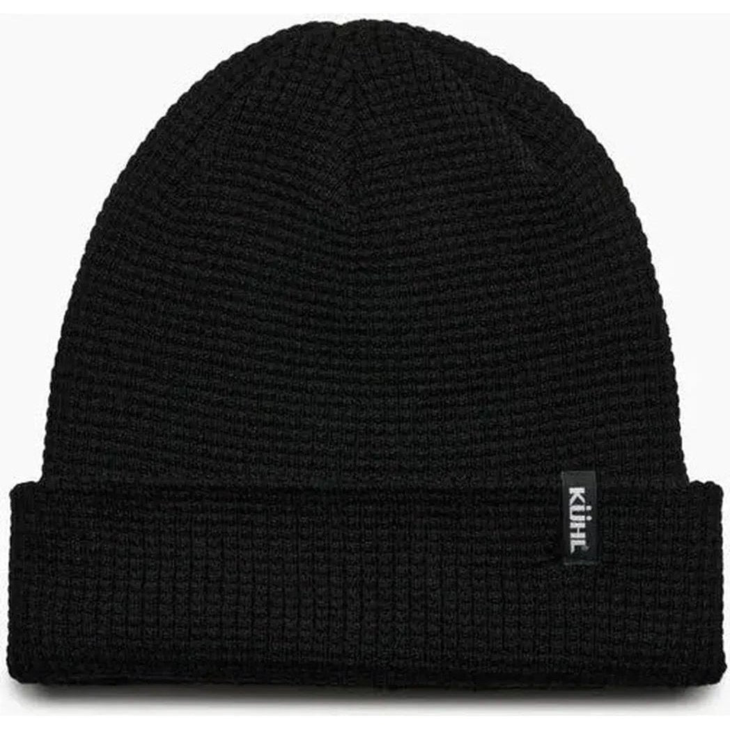 A front view of the Kuhl Rebel Thermal Beanie in Raven with a black tag on the cuff against a white background.