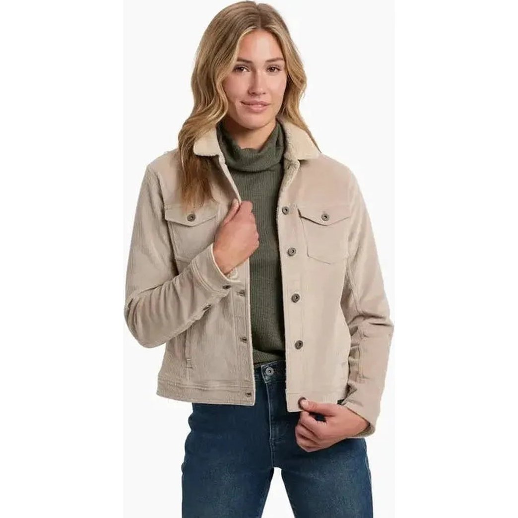 A front view of the Kuhl Women's Astrid Lined Jacket in Silverstone on a model wearing blue jeans against a white background.
