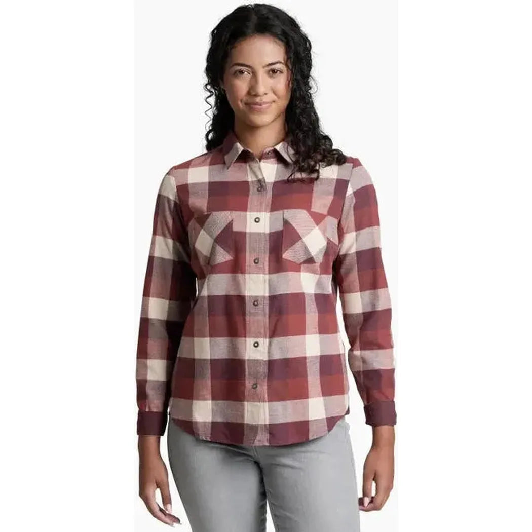 A front view of the Kuhl Women's Darcy Flannel in Cherrywood on a model wearing light gray pants against a white background.
