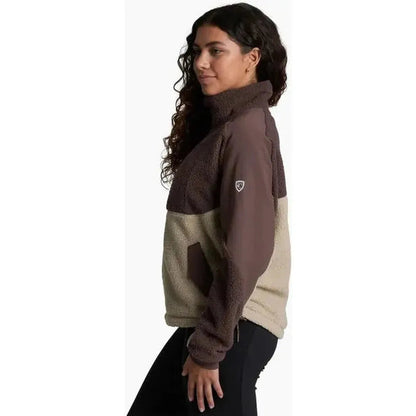 Side view of the Kuhl Women's Elixir jacket in Coffee showing the color block design and model wearing it against a white background.