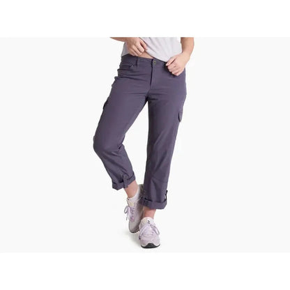 A front view of the Kuhl Women's Freeflex Roll-Up Pant in Fallow, showing the roll-up cuffs and cargo pocket against a white background.