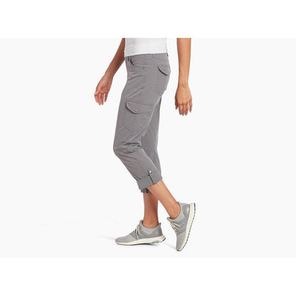 Side view of the Kuhl Women's Freeflex Roll-Up Pant in Fallow showing the cargo pocket and roll-up cuffs against a white background.