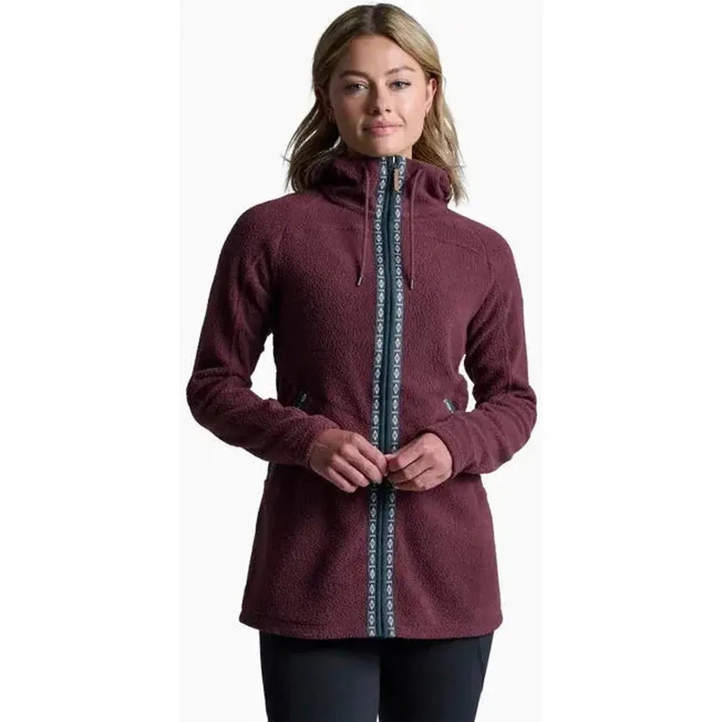 A front view of the Kuhl Women's Hygge Long Sleeve in Raisin showing the full zip and a model wearing it against a white background.