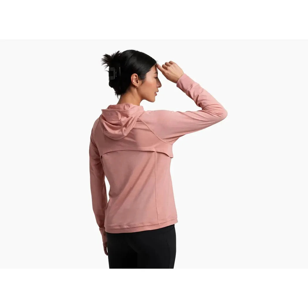 Back view of the Kuhl Women's Inspira FZ Hoody in Alpine Lake showing the hood and a model wearing it against a white background.