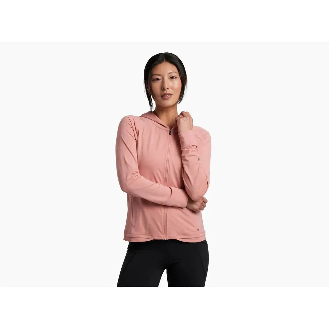 A front view of the Kuhl Women's Inspira FZ Hoody in Alpine Lake on a model against a white background.