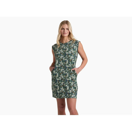 A model wears the Kuhl Women's Lyra Tee Dress in Smoked Pine Print against a white background.
