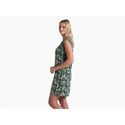 Side view of the Kuhl Women's Lyra Tee Dress in Smoked Pine Print on a model against a white background.