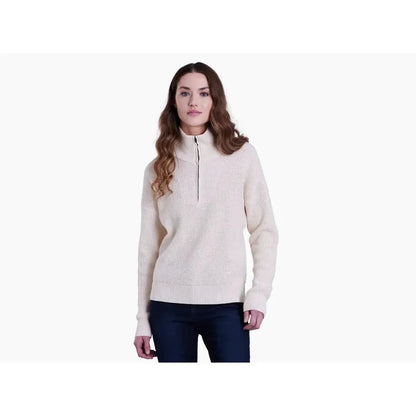 A front view of the Kuhl Women's Norda 1/4 Zip Sweater in Stone on a model against a white background.