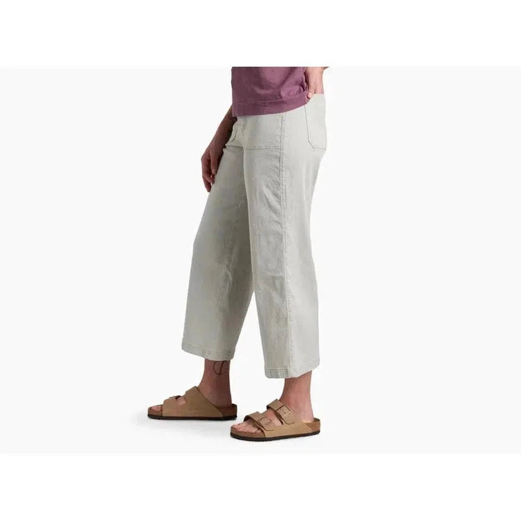 Side view of the Kuhl Women's Seaboard Crop Wide Leg in Birch showing the wide leg fit against a white background.