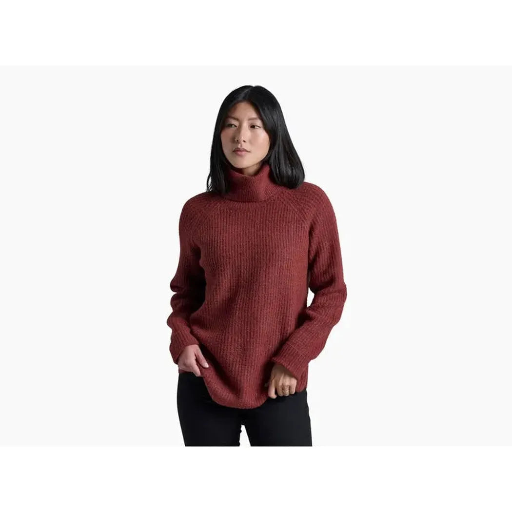 A front view of the Kuhl Women's Sienna Sweater in Cherrywood on a model against a white background.