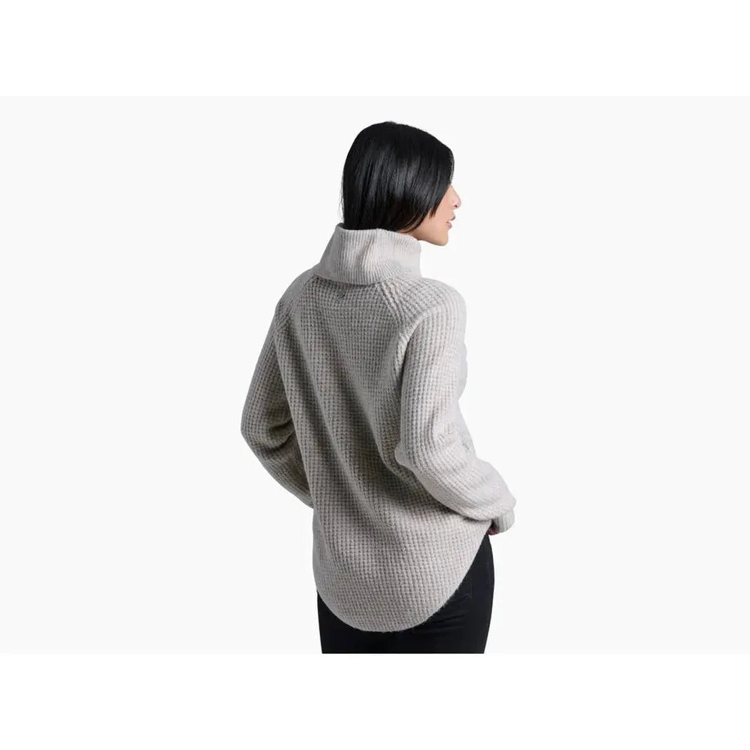 Back view of the Kuhl Women's Sienna Sweater in Cherrywood on a model against a white background.