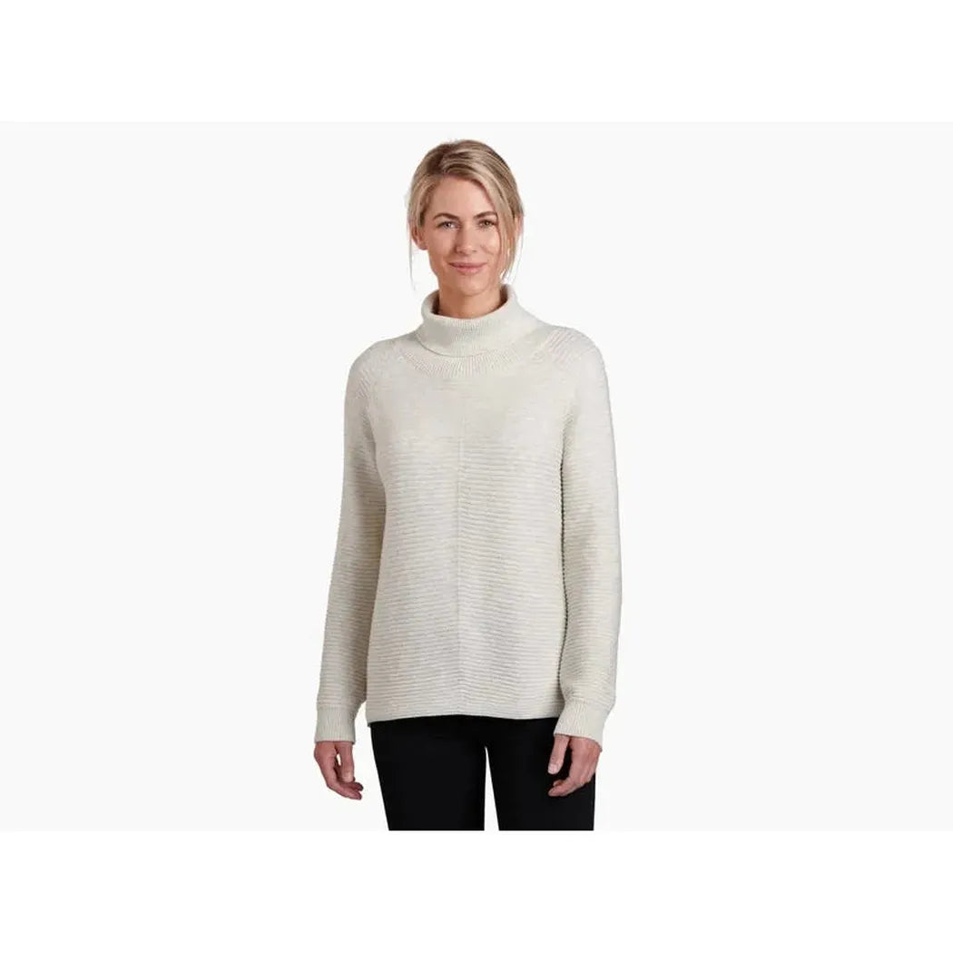 A front view of the Kuhl Women's Solace Sweater in Natural on a model against a white background.