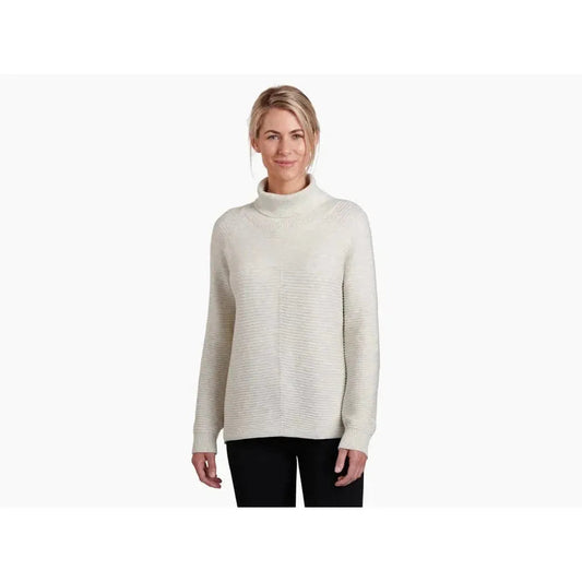 A front view of the Kuhl Women's Solace Sweater in Natural on a model against a white background.