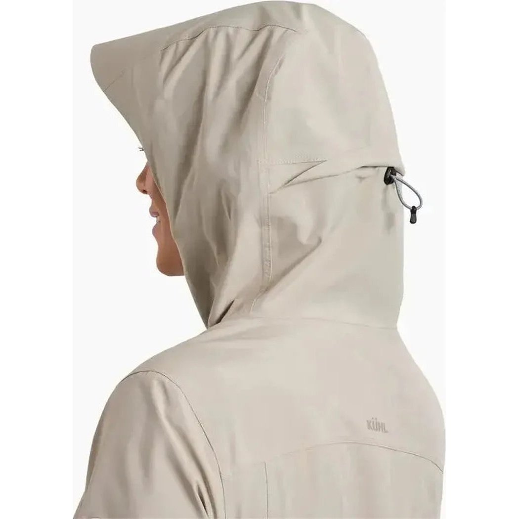Side view of the Kuhl Women's Stretch Voyagr Jacket in Silverstone showing the hood and a model wearing it against a white background.