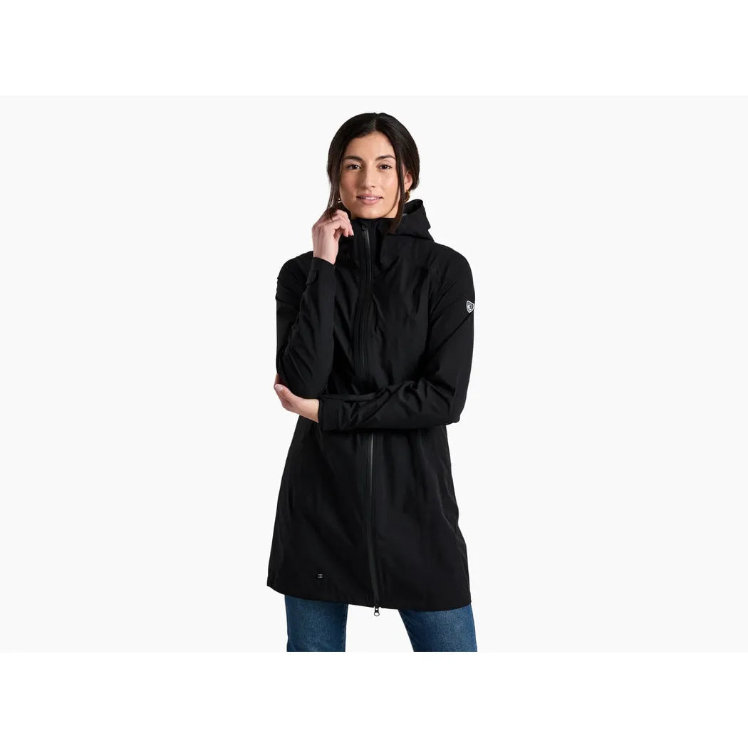 A front view of the Kuhl Women's Stretch Voyagr Trench in Blackout, showing the model wearing it against a plain white background.
