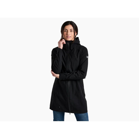 A front view of the Kuhl Women's Stretch Voyagr Trench in Blackout, showing the model wearing it against a plain white background.