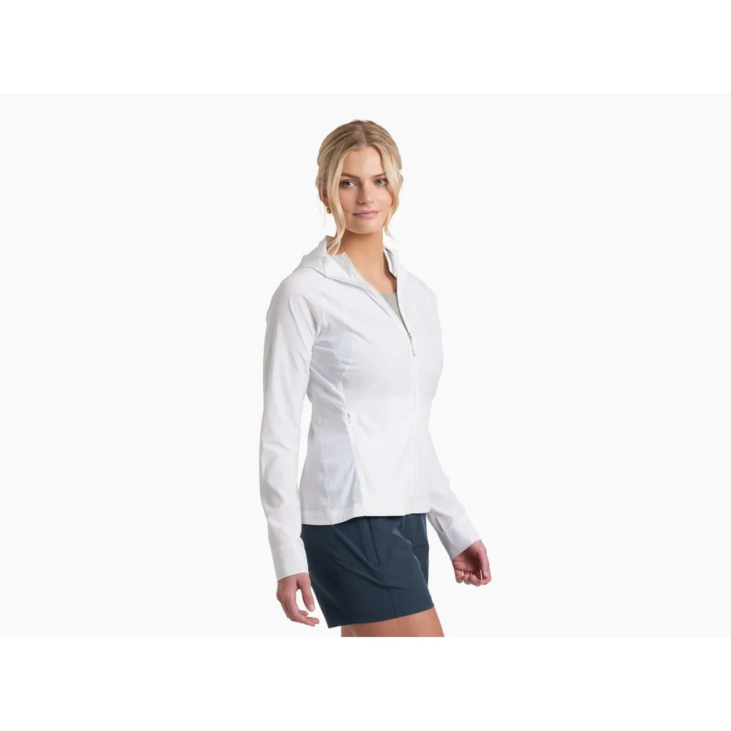 Side view of the Kuhl Women's Sunshade Hoody in Alpine White on a model against a white background.