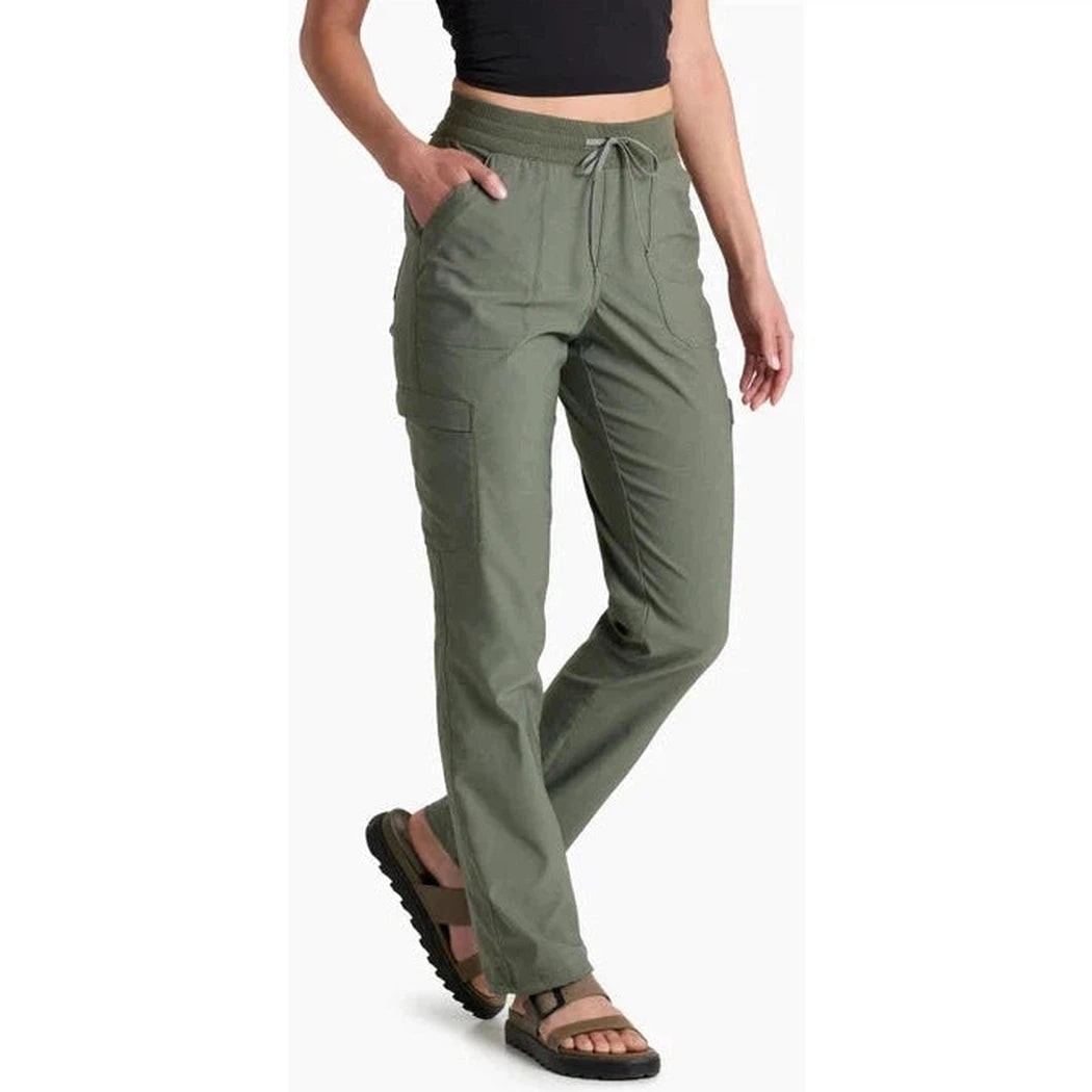 A front view of the Kuhl Women's Trekr Straight in Black shows the drawstring waist and pockets on a model wearing them against a white background.