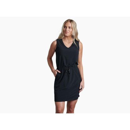 A model wearing the Kuhl Women's Vantage Dress in Black stands against a plain white background.