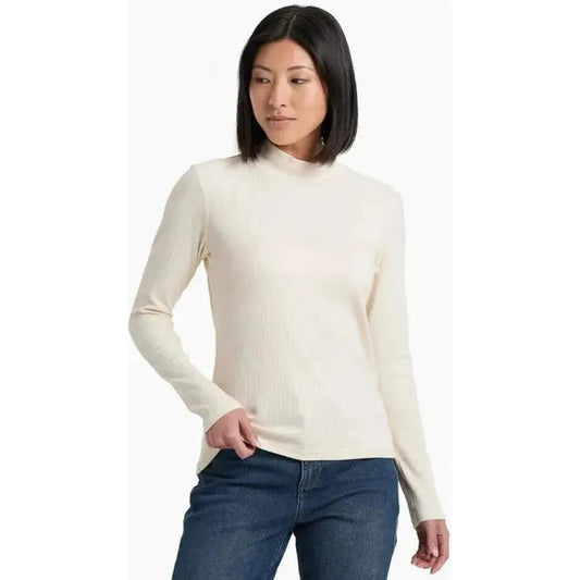 A front view of the Kuhl Women's Verona Rib Long Sleeve in Natural, showing a model wearing it against a white background.