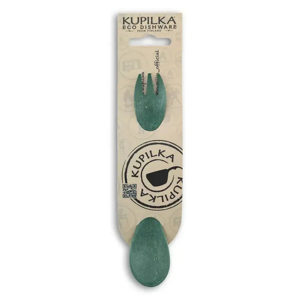 A front view of the Kupilka Spork 165 Junior Utensil in Black on a beige card with a logo and QR code.