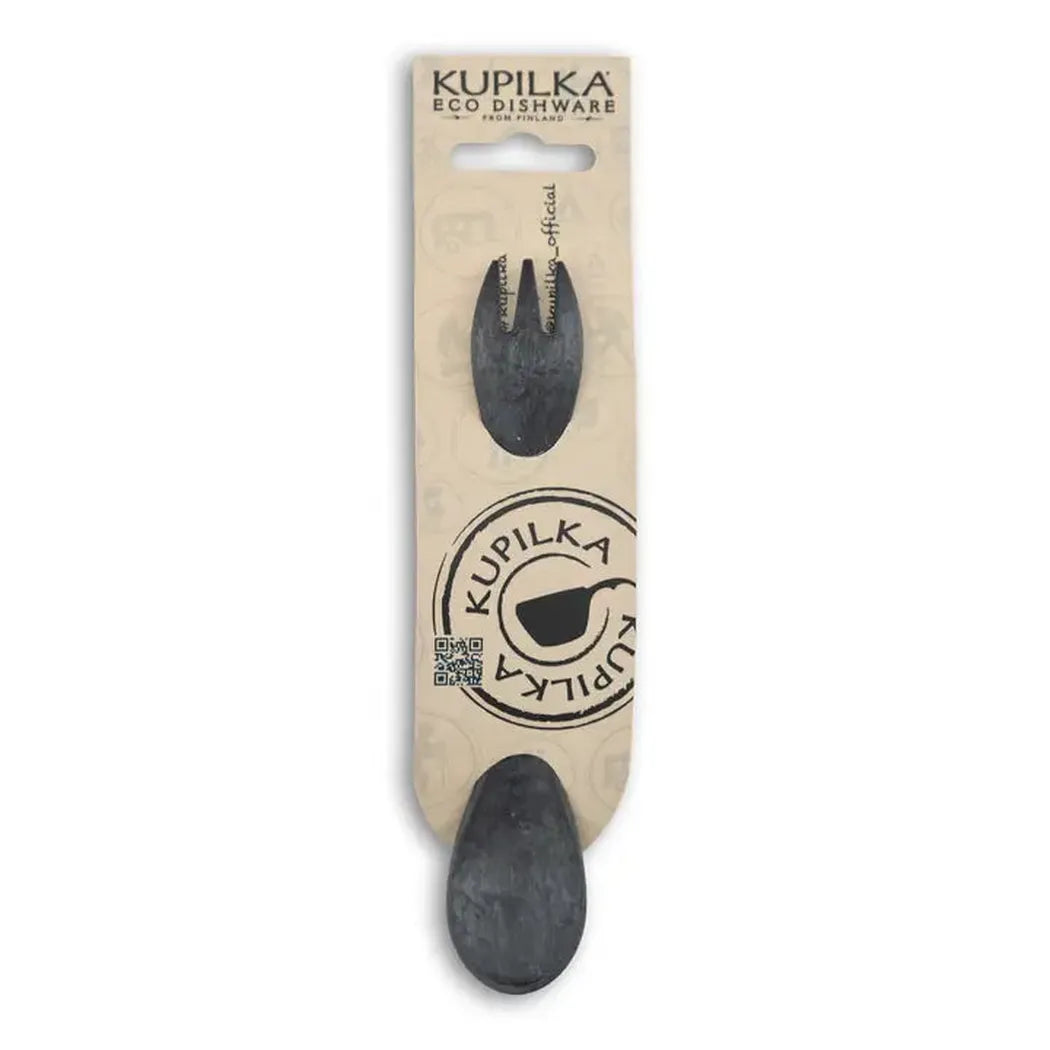 A front view of the Kupilka Spork 165 Junior Utensil in Black packaged with a fork and spoon against a white background.