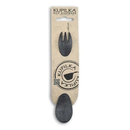A front view of the Kupilka Spork 165 Junior Utensil in Black packaged with a fork and spoon against a white background.